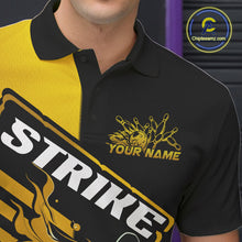 Load image into Gallery viewer, Custom Black And Gold Flame Strike Bowling Polo Shirts For Men, Fire Bowling League Shirt IPHW9270