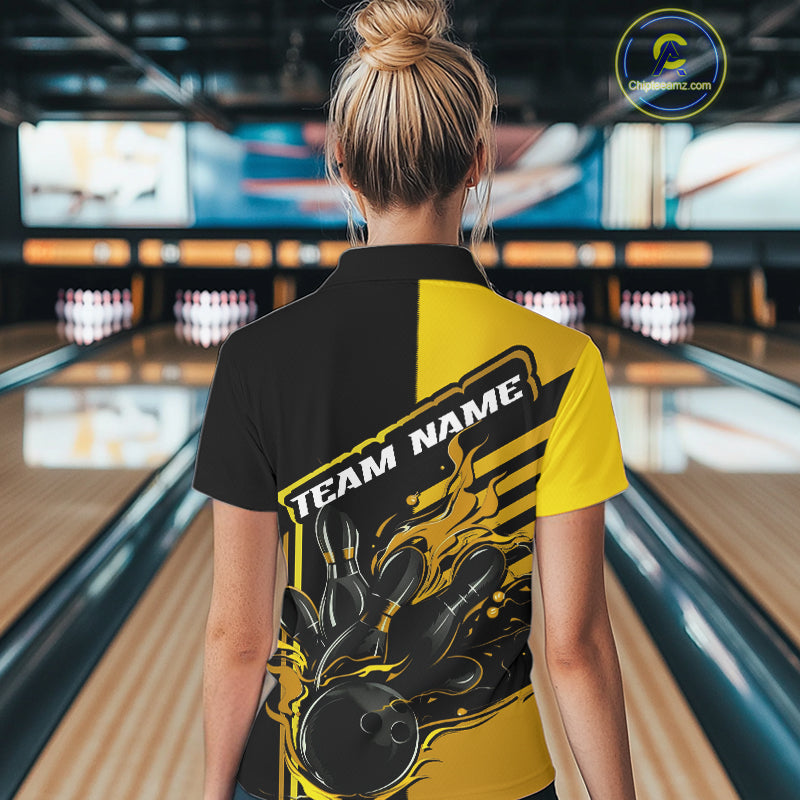 Custom Black And Gold Flame Strike Bowling Polo Shirts For Women, Bowling League Shirt IPHW9270