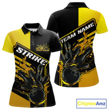 Load image into Gallery viewer, Custom Black And Gold Flame Strike Bowling Polo Shirts For Women, Bowling League Shirt IPHW9270