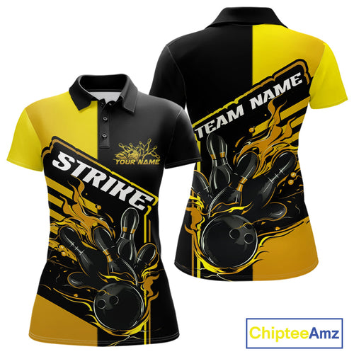 Custom Black And Gold Flame Strike Bowling Polo Shirts For Women, Bowling League Shirt IPHW9270