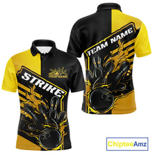 Load image into Gallery viewer, Custom Black And Gold Flame Strike Bowling Polo Shirts For Men, Fire Bowling League Shirt IPHW9270
