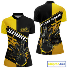 Load image into Gallery viewer, Custom Black And Gold Flame Strike Bowling Women Quarter-Zip Shirt, Bowling League Shirt IPHW9270