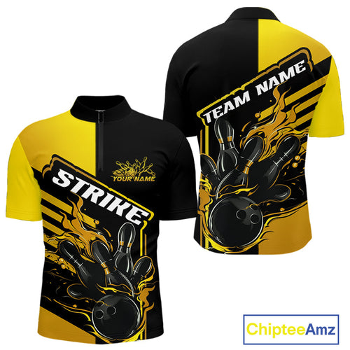 Custom Black And Gold Flame Strike Bowling Quarter-Zip Shirts For Men, Fire Bowling League Shirt IPHW9270