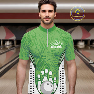 Custom Green Camo Bowling Team Quarter-Zip Shirts For Men, Bowling Jerseys Bowler Outfit IPHW9597