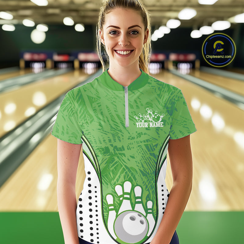 Custom Green Camo Bowling Team Women Quarter-Zip Shirts, Bowling Jerseys Bowler Outfit IPHW9597