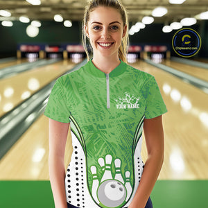 Custom Green Camo Bowling Team Women Quarter-Zip Shirts, Bowling Jerseys Bowler Outfit IPHW9597