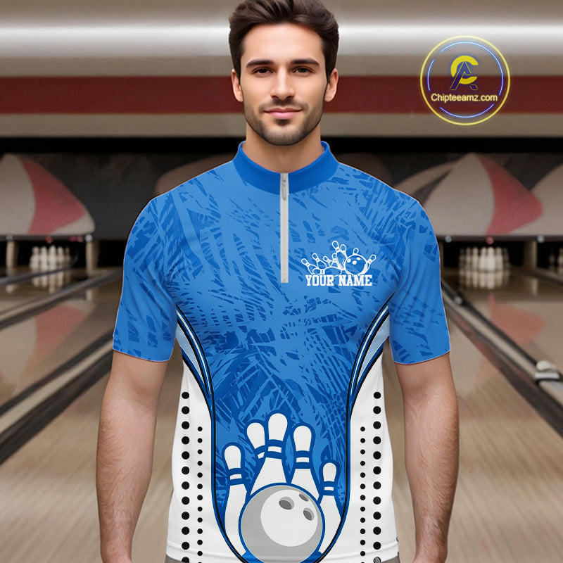 Custom Blue Camo Bowling Team Quarter-Zip Shirts For Men, Bowling Jerseys Bowler Outfit IPHW9598