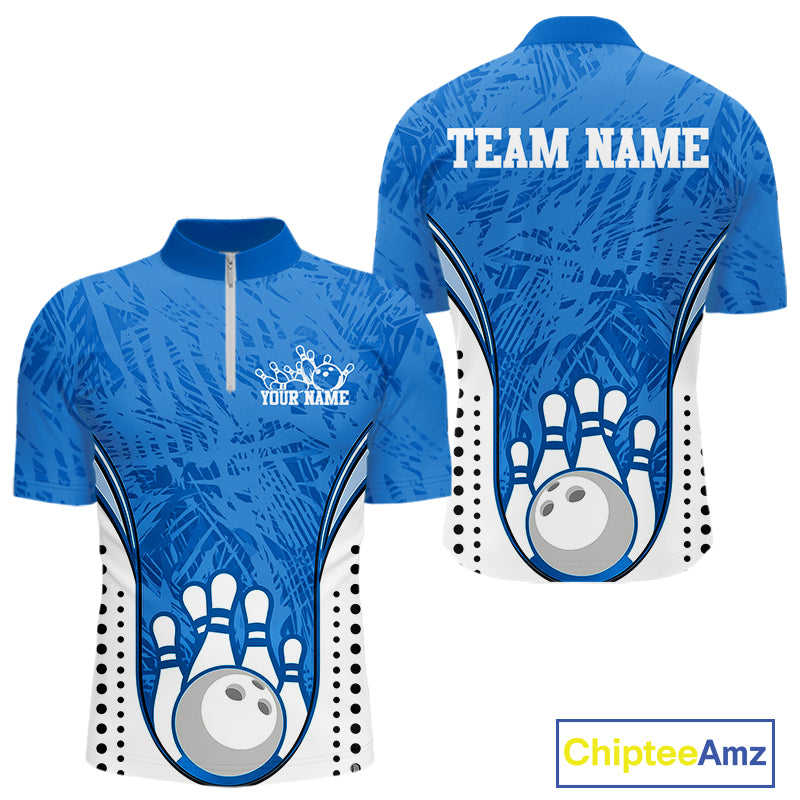 Custom Blue Camo Bowling Team Quarter-Zip Shirts For Men, Bowling Jerseys Bowler Outfit IPHW9598