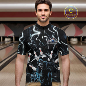 Custom Blue Thunder Lightning Grim Reaper Bowling Men Quarter-Zip Shirt, Halloween Bowling Outfit IPHW9796