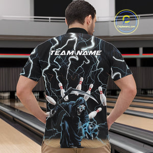 Custom Blue Thunder Lightning Grim Reaper Bowling Men Quarter-Zip Shirt, Halloween Bowling Outfit IPHW9796