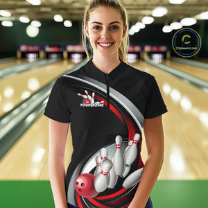 Custom Black And Red Bowling Team Jerseys, Bowler Uniform Bowling Women Quarter-Zip Shirt IPHW9276