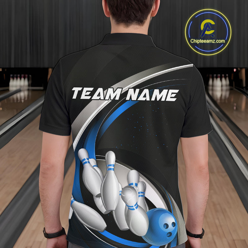 Custom Black Blue Bowling Team Jerseys, Bowler Uniform Bowling Polo Shirts For Men IPHW9277