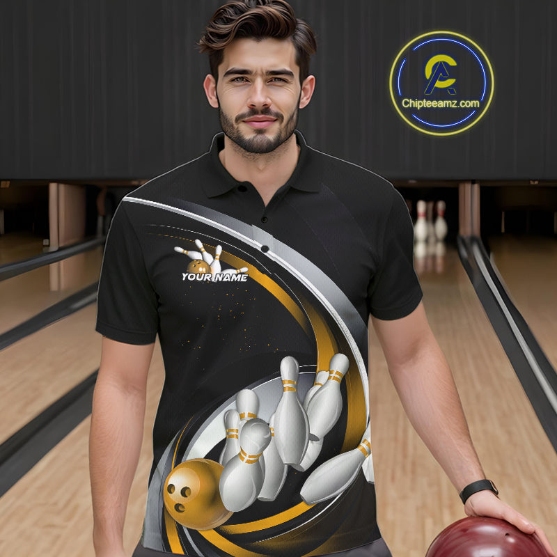 Custom Black Yellow Bowling Team Jerseys, Bowler Uniform Bowling Polo Shirts For Men IPHW9278