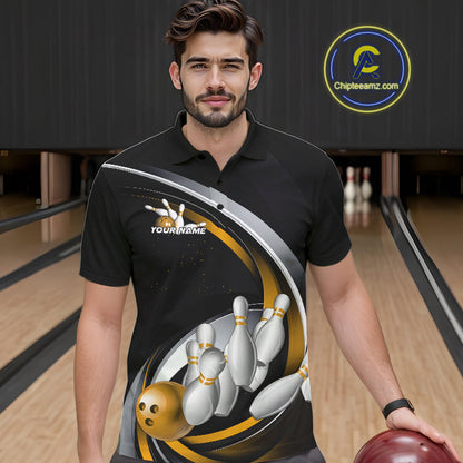 Custom Black Yellow Bowling Team Jerseys, Bowler Uniform Bowling Polo Shirts For Men IPHW9278