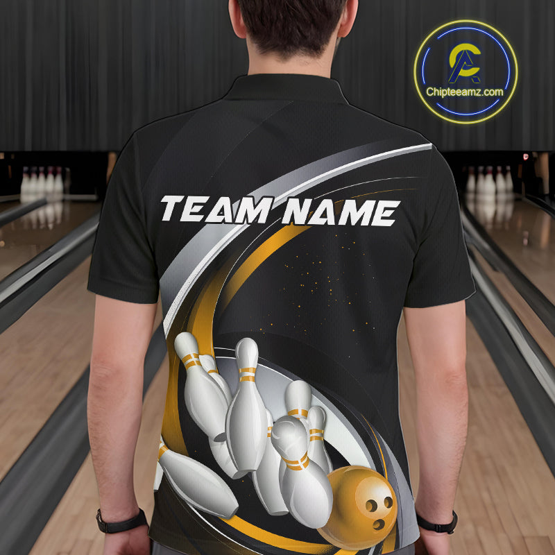 Custom Black Yellow Bowling Team Jerseys, Bowler Uniform Bowling Polo Shirts For Men IPHW9278