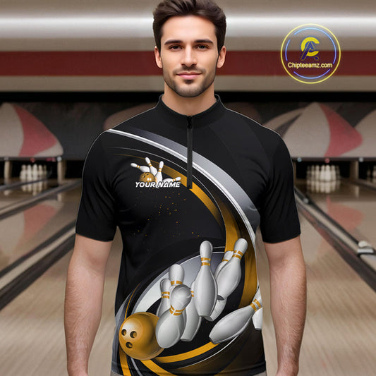 Custom Black Yellow Bowling Team Jerseys, Bowler Uniform Bowling Quarter-Zip Shirts For Men IPHW9278