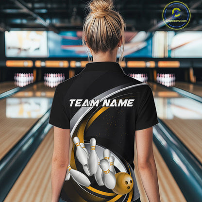 Custom Black Yellow Bowling Team Jerseys, Bowler Uniform Bowling Women Quarter-Zip Shirts IPHW9278
