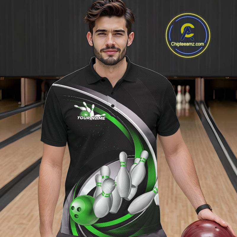 Custom Black Green Bowling Team Jerseys, Bowler Uniform Bowling Polo Shirts For Men IPHW9279