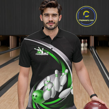 Custom Black Green Bowling Team Jerseys, Bowler Uniform Bowling Polo Shirts For Men IPHW9279