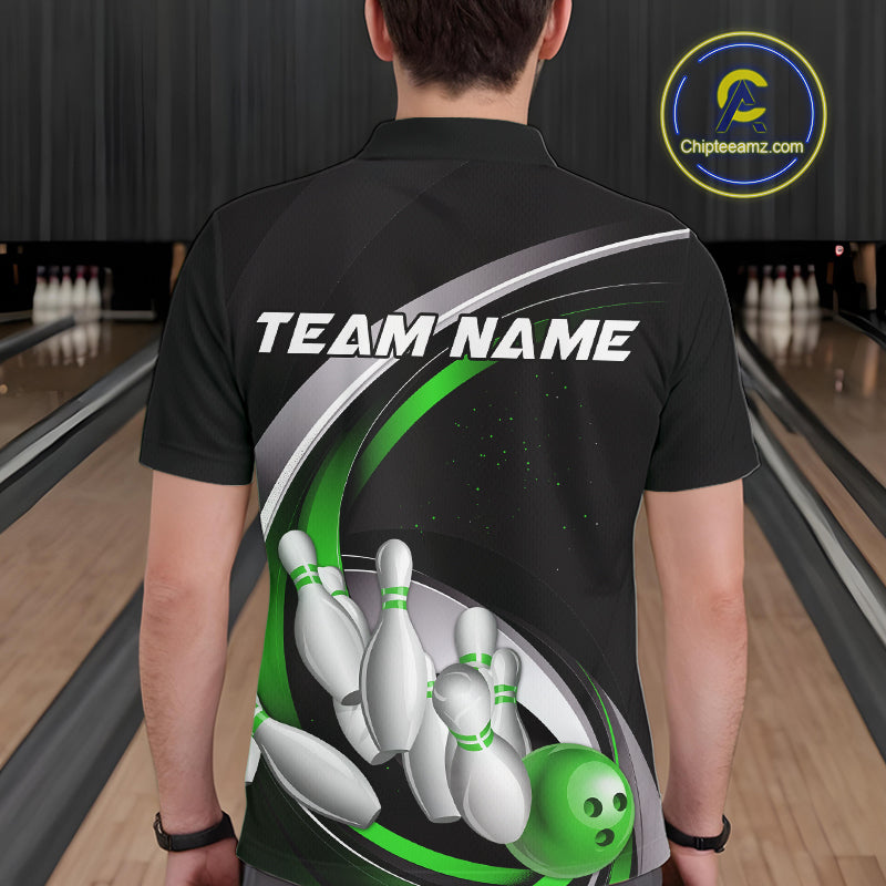 Custom Black Green Bowling Team Jerseys, Bowler Uniform Bowling Polo Shirts For Men IPHW9279