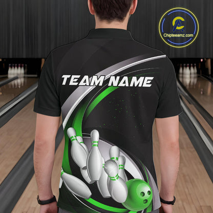 Custom Black Green Bowling Team Jerseys, Bowler Uniform Bowling Polo Shirts For Men IPHW9279