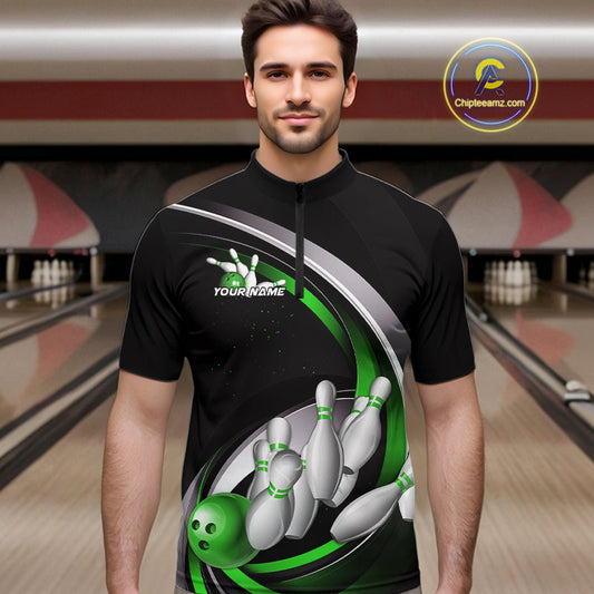 Custom Black Green Bowling Team Jerseys, Bowler Uniform Bowling Quarter-Zip Shirts For Men IPHW9279