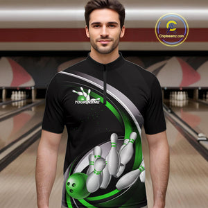 Custom Black Green Bowling Team Jerseys, Bowler Uniform Bowling Quarter-Zip Shirts For Men IPHW9279