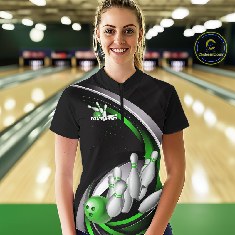 Custom Black Green Bowling Team Jerseys, Bowler Uniform Bowling Women Quarter-Zip Shirts IPHW9279