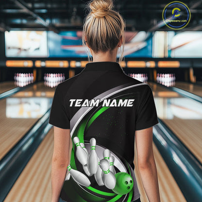 Custom Black Green Bowling Team Jerseys, Bowler Uniform Bowling Women Quarter-Zip Shirts IPHW9279