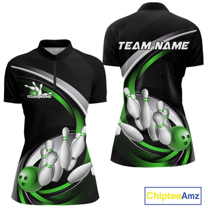 Custom Black Green Bowling Team Jerseys, Bowler Uniform Bowling Women Quarter-Zip Shirts IPHW9279