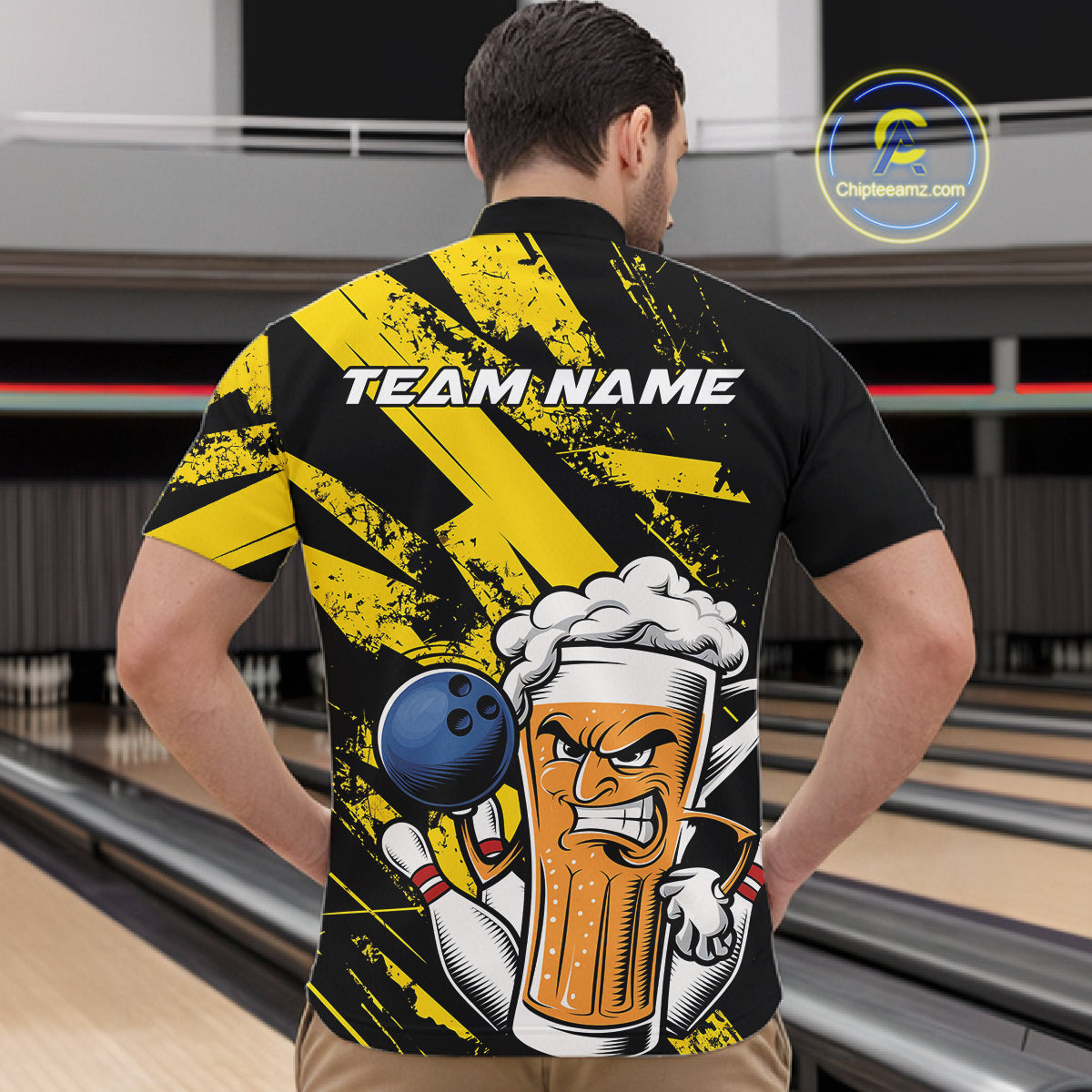 Custom Grunge Yellow Funny Bowling And Beer Quarter-Zip Shirts For Men, Bowling Team Uniform IPHW9607