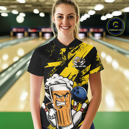 Custom Grunge Yellow Funny Bowling And Beer Women Quarter-Zip Shirt, Bowling Team Uniform IPHW9607