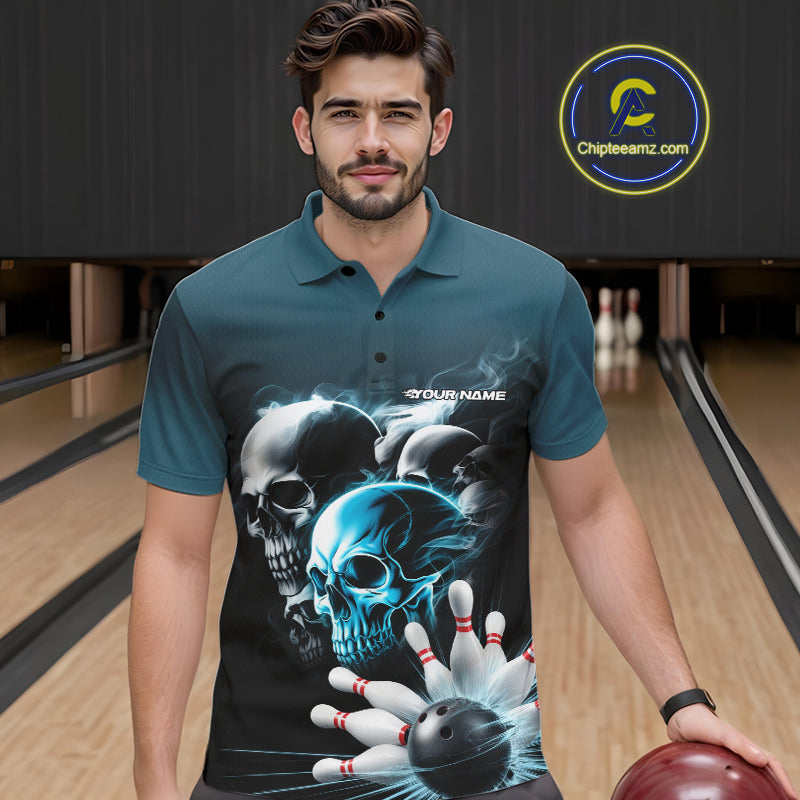 Custom Teal Blue Smoke Skull Bowling Polo Shirts For Men, Ghostly Halloween Bowling Outfit IPHW9519