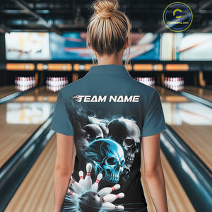 Custom Teal Blue Smoke Skull Bowling Women Polo Shirt, Ghostly Halloween Bowling Outfit IPHW9519