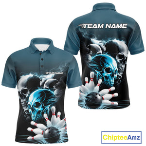 Custom Teal Blue Smoke Skull Bowling Polo Shirts For Men, Ghostly Halloween Bowling Outfit IPHW9519