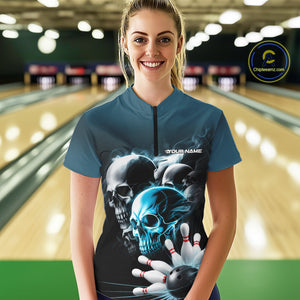 Custom Teal Blue Smoke Skull Bowling Women Quarter-Zip Shirt, Ghostly Halloween Outfit IPHW9519