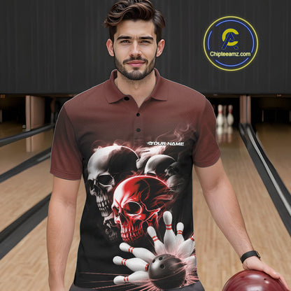 Custom Red Smoke Skull Bowling Polo Shirts For Men, Ghostly Halloween Bowling Outfit IPHW9520