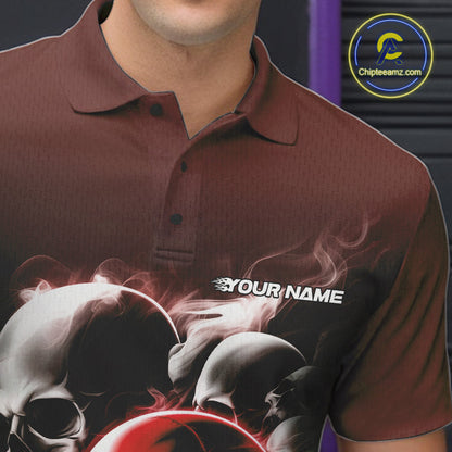 Custom Red Smoke Skull Bowling Polo Shirts For Men, Ghostly Halloween Bowling Outfit IPHW9520