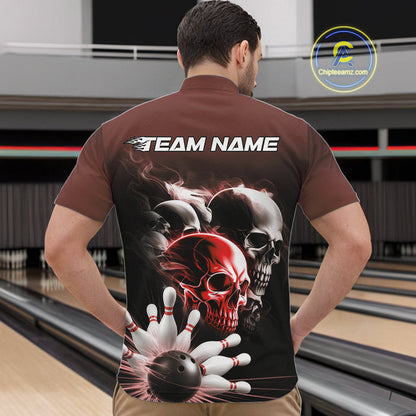 Custom Red Smoke Skull Bowling Quarter-Zip Shirts For Men, Ghostly Halloween Bowling Outfit IPHW9520
