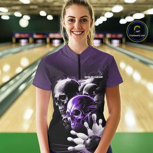Custom Purple Smoke Skull Bowling Women Quarter-Zip Shirt, Ghostly Halloween Outfit IPHW9521