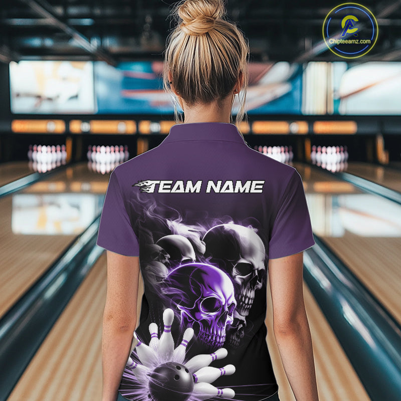Custom Purple Smoke Skull Bowling Women Quarter-Zip Shirt, Ghostly Halloween Outfit IPHW9521