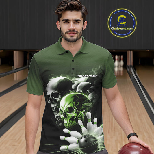 Custom Green Smoke Skull Bowling Polo Shirts For Men, Ghostly Halloween Bowling Outfit IPHW9522