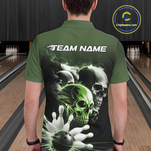 Custom Green Smoke Skull Bowling Polo Shirts For Men, Ghostly Halloween Bowling Outfit IPHW9522