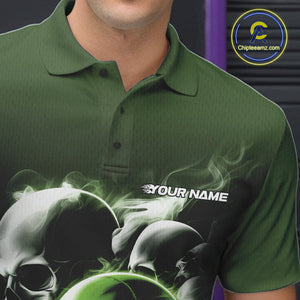 Custom Green Smoke Skull Bowling Polo Shirts For Men, Ghostly Halloween Bowling Outfit IPHW9522