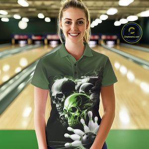 Custom Green Smoke Skull Bowling Polo Shirts For Women, Ghostly Halloween Bowling Outfit IPHW9522