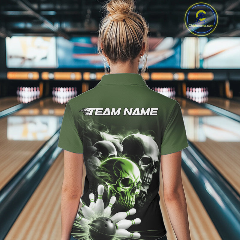 Custom Green Smoke Skull Bowling Polo Shirts For Women, Ghostly Halloween Bowling Outfit IPHW9522