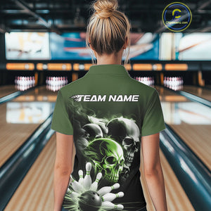Custom Green Smoke Skull Bowling Polo Shirts For Women, Ghostly Halloween Bowling Outfit IPHW9522
