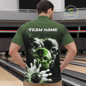 Custom Green Smoke Skull Bowling Quarter-Zip Shirts For Men, Ghostly Halloween Bowling Outfit IPHW9522