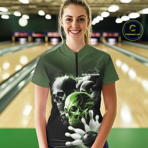 Custom Green Smoke Skull Bowling Women Quarter-Zip Shirt, Ghostly Halloween Outfit IPHW9522