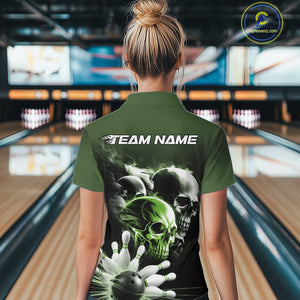 Custom Green Smoke Skull Bowling Women Quarter-Zip Shirt, Ghostly Halloween Outfit IPHW9522
